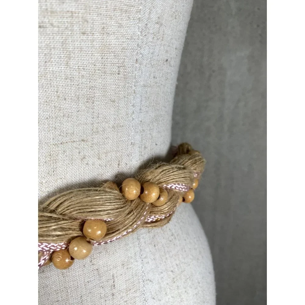 Vintage Statement Braided Beaded‎ Belt Womens Tan Pink Tie Waist 80s 90s Boho